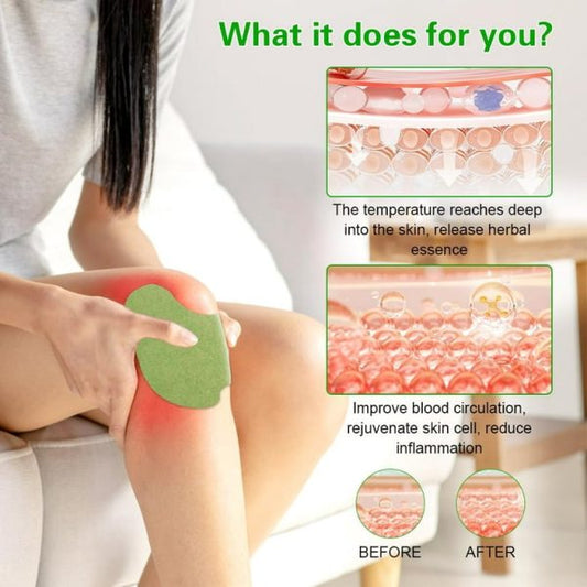 Person applying a green patch to their knee with text explaining its benefits on skin health.