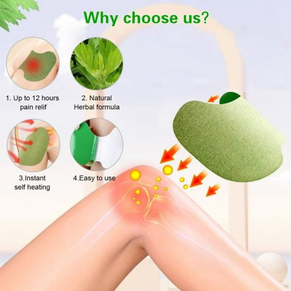 Product advertisement with green herbal pad on leg, highlighting pain relief features.