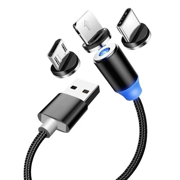 Multi-port charging cable with USB connector on a white background