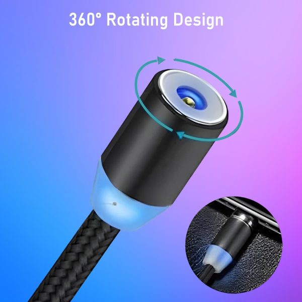 360-degree rotating design of a cable connector with close-up detail on a gradient background.
