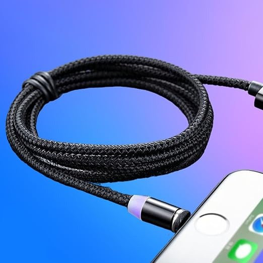 Black braided cable with a metallic connector next to a smartphone on a blue and purple gradient background