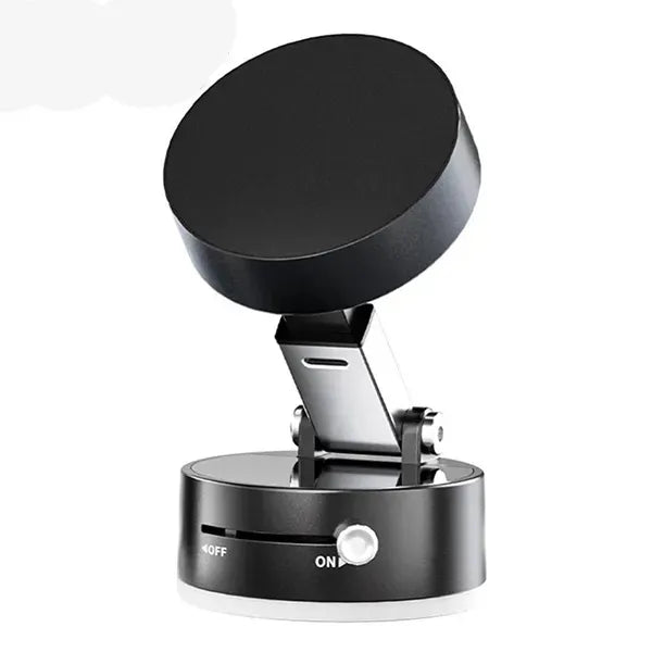 Black phone stand with adjustable arm on a white background