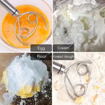 Multifunctional whisk being used to mix egg, cream, flour, and knead dough.