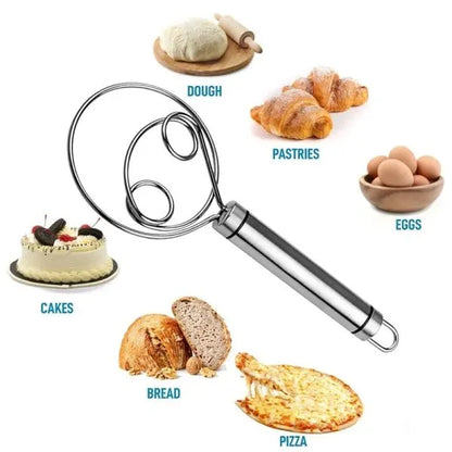 Metal dough mixer with images of dough, pastries, eggs, cake, bread, and pizza around it on a white background.