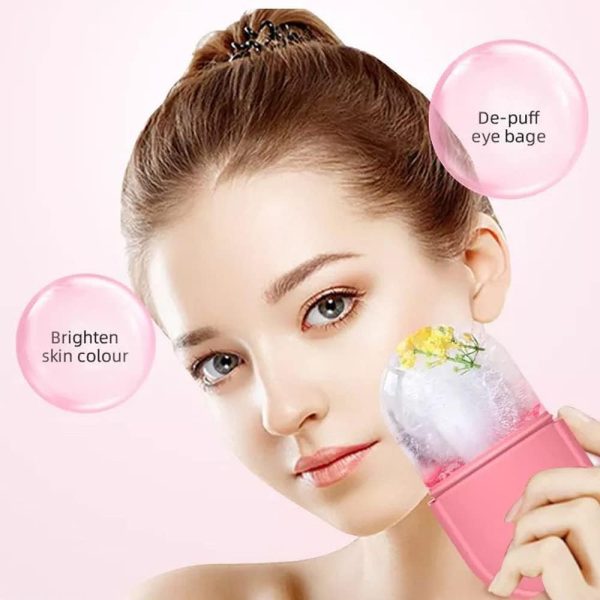 Woman using a pink skincare tool on her face with text indicating benefits