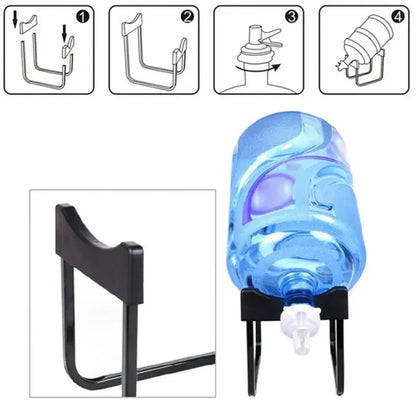 Blue water bottle with black holder and assembly instructions on a white background