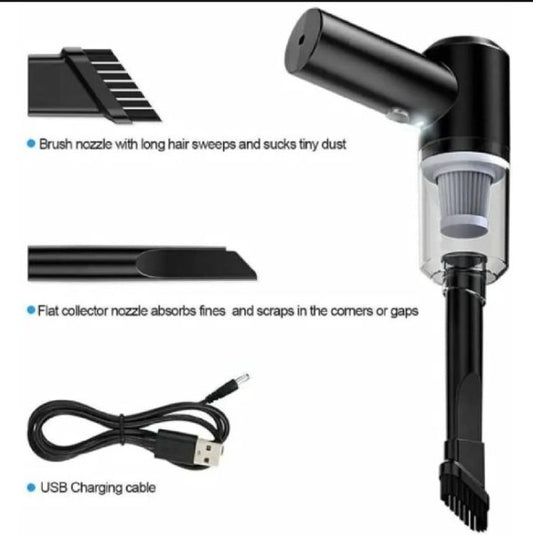 Black handheld vacuum cleaner with attachments and USB charging cable on a white background
