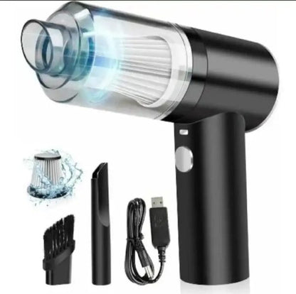 Black handheld vacuum cleaner with attachments on a white background