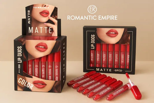 Red lipsticks with packaging labeled 'Romantic Empire' on a beige background