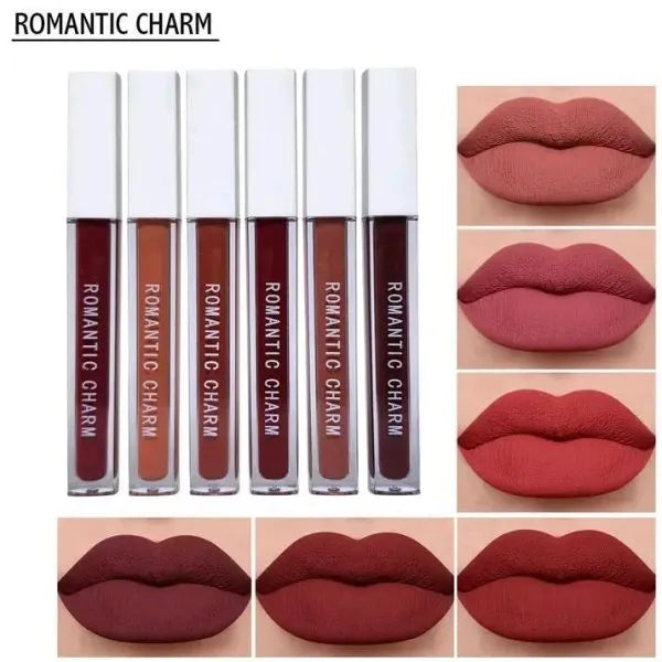 Lipstick shades with 'Romantic Charm' branding on a white background