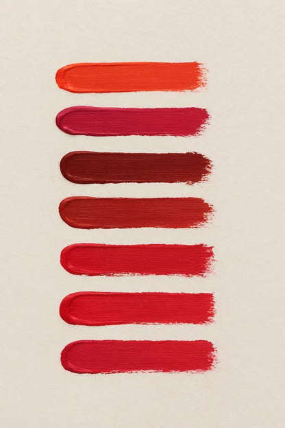 Set of red lipstick swatches on a beige background