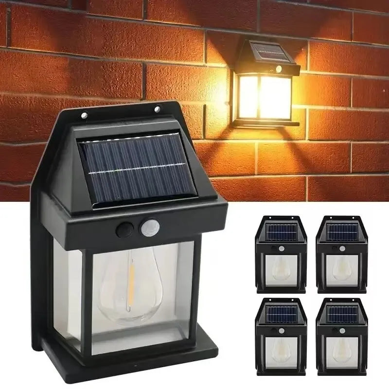 Solar-powered outdoor light fixture with motion sensor on a brick wall background