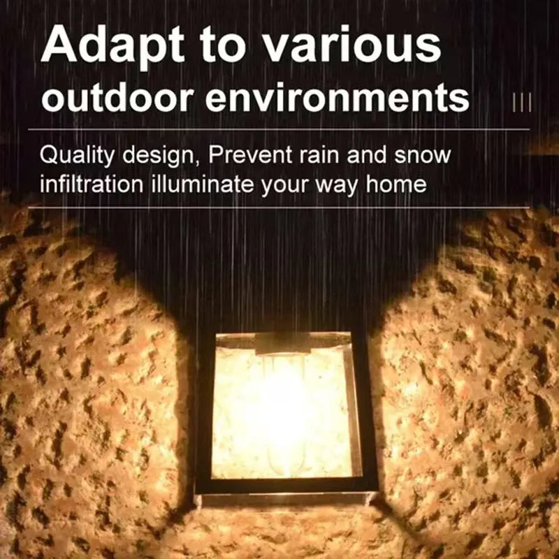 Outdoor wall light fixture on a stone wall with rain and snow text overlay