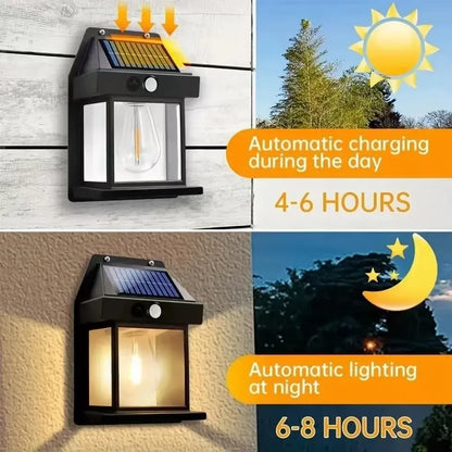 Solar-powered outdoor light fixture with charging and lighting duration text on a wooden background.