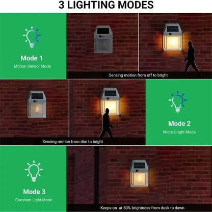 Three lighting modes of a solar-powered outdoor light with motion sensor on a brick wall background.