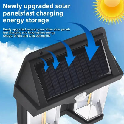 Solar panel with text about upgraded solar panels and energy storage against a blue sky with sun.
