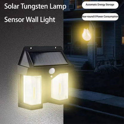 Solar tungsten lamp sensor wall light with text on a dark background