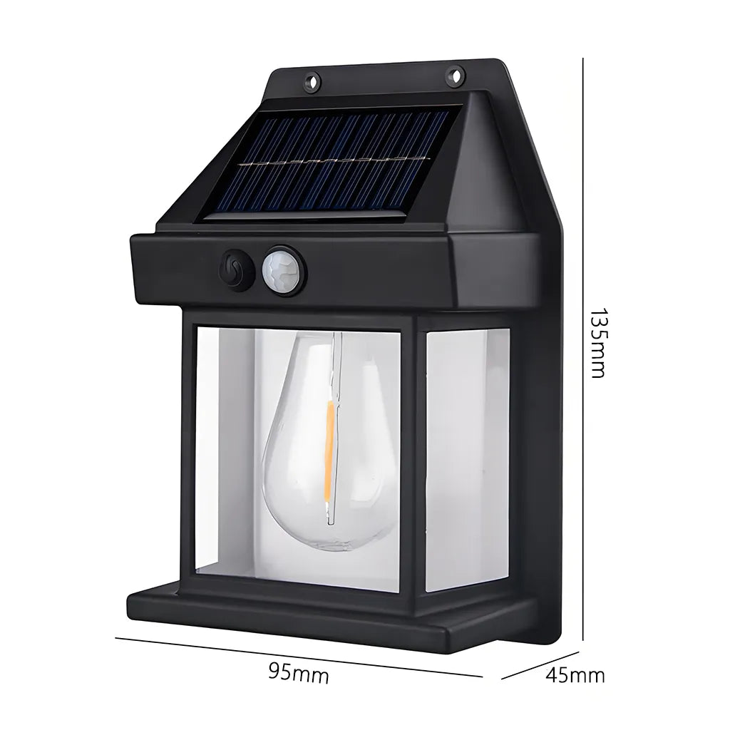 Black solar-powered outdoor wall light with dimensions on a white background