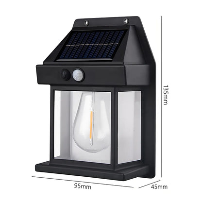 Black solar-powered outdoor wall light with dimensions on a white background