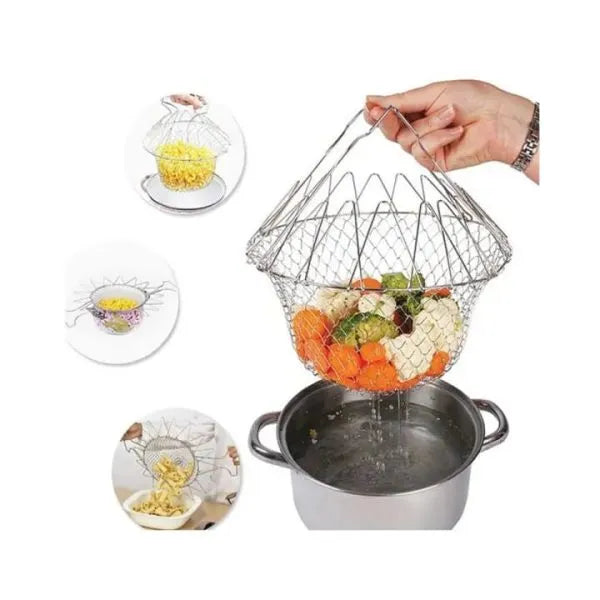 Metal mesh strainer being used to cook vegetables in a pot with inset images of food preparation.