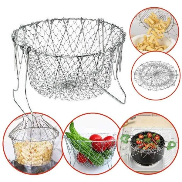 Metal mesh strainer with images of its uses on a white background
