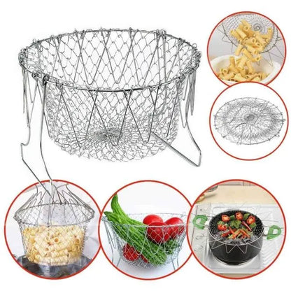 Metal mesh strainer with images of its uses on a white background