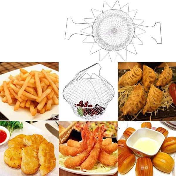 Collage of fried foods including french fries, shrimp, and other items with a metal basket in the center.