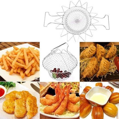 Collage of fried foods including french fries, shrimp, and other items with a metal basket in the center.