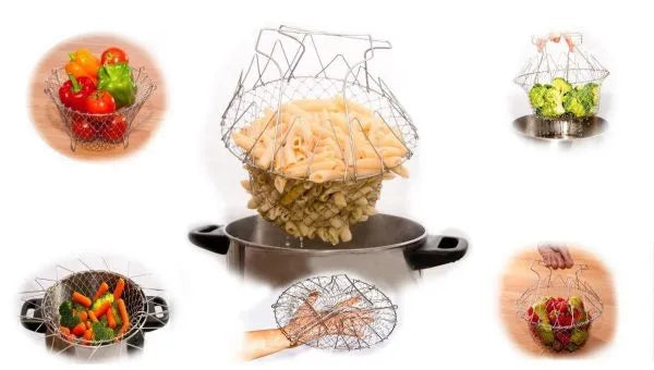Collapsible metal vegetable basket with various vegetables on a white background