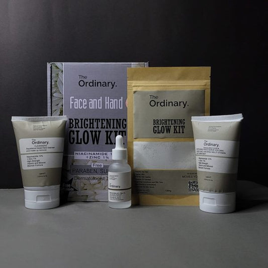 The Ordinary skincare products including Brightening Glow Kit on a dark background