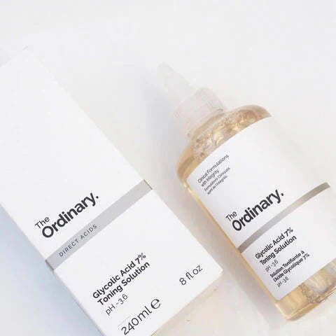Bottle and box of 'The Ordinary' Glycolic Acid 7% Toning Solution on a white background