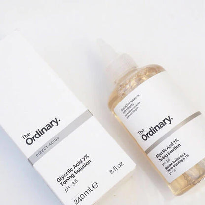Bottle and box of 'The Ordinary' Glycolic Acid 7% Toning Solution on a white background