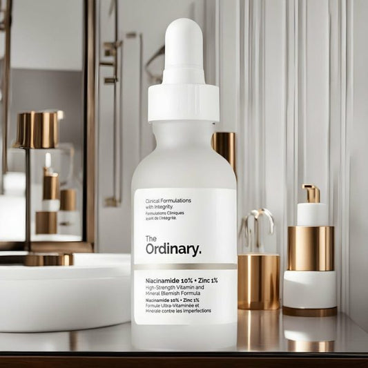 Skincare dropper bottle labeled 'The Ordinary' on a bathroom counter.