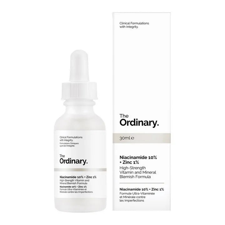 The Ordinary skincare product with dropper and packaging on a white background