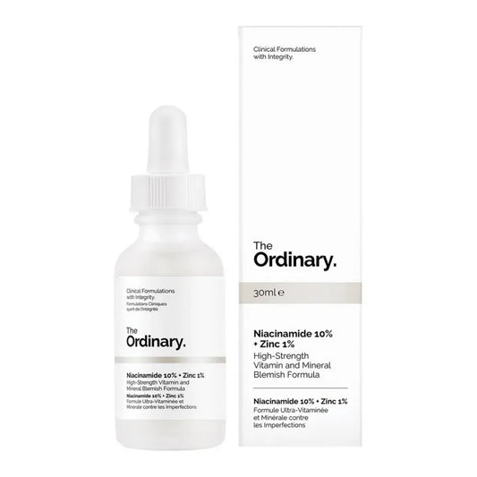 The Ordinary skincare product with dropper and packaging on a white background