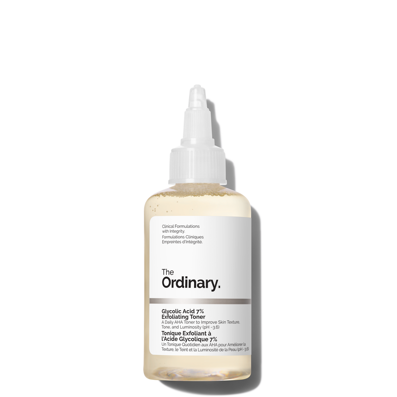 Bottle of 'The Ordinary' toner on a white background