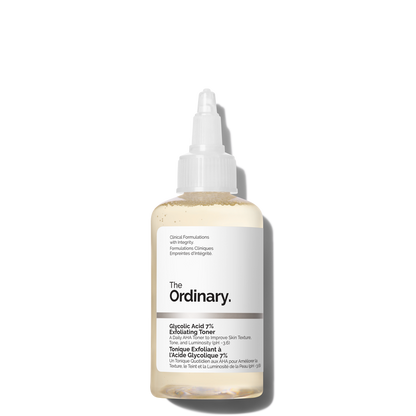Bottle of 'The Ordinary' toner on a white background
