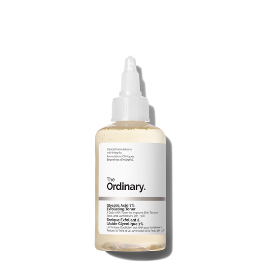 Bottle of 'The Ordinary' toner on a white background